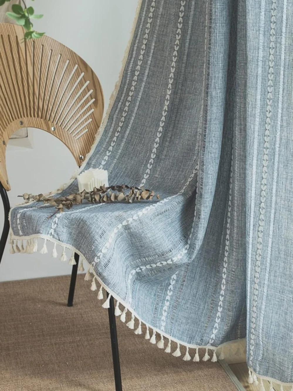 Boho Blue And White Striped Curtain With Fringed Edges- Elegant Window Drape NIB